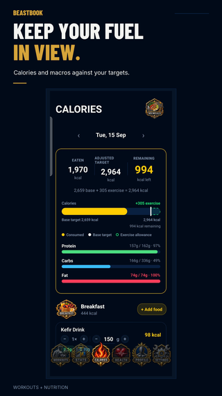 Daily calories and macro progress bars in BeastBook