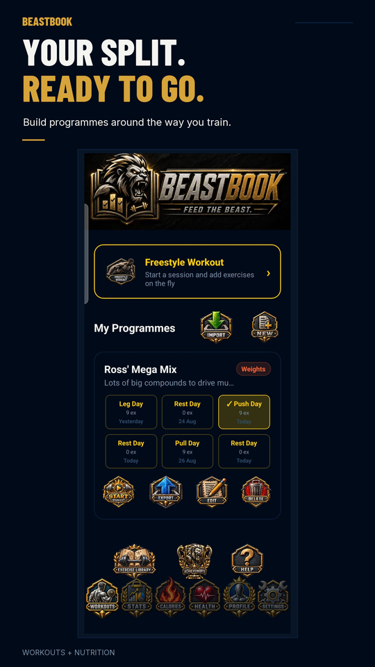 BeastBook home screen showing today's programme, Ross' Mega Mix, with the weekly day split and start, export and edit actions.