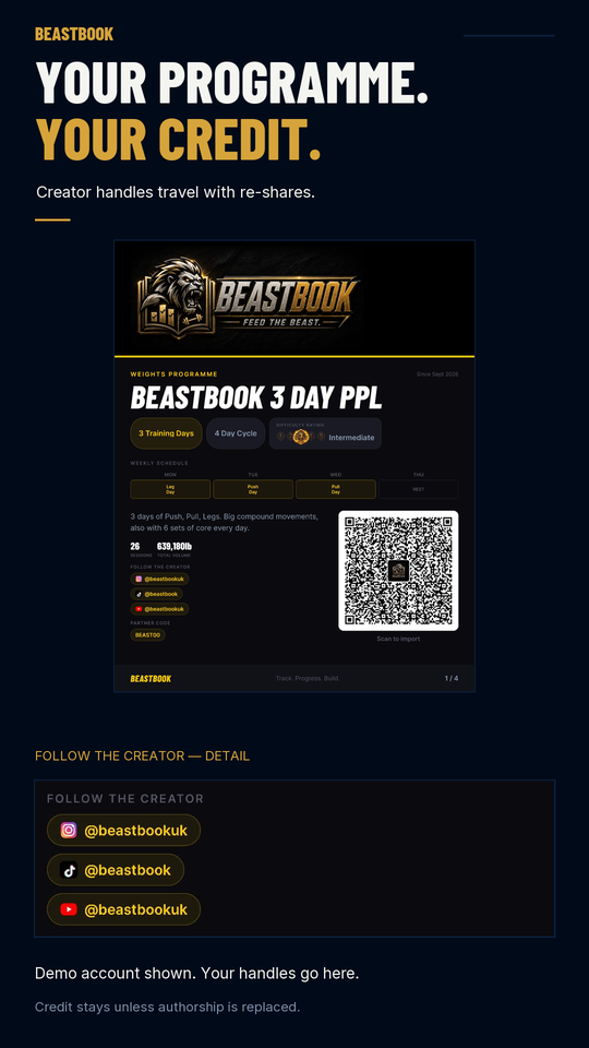 BeastBook programme share card's Follow the Creator detail, showing example Instagram, TikTok and YouTube handles carried on a shared programme.